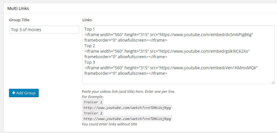 Embed code in Multi links for Video posts